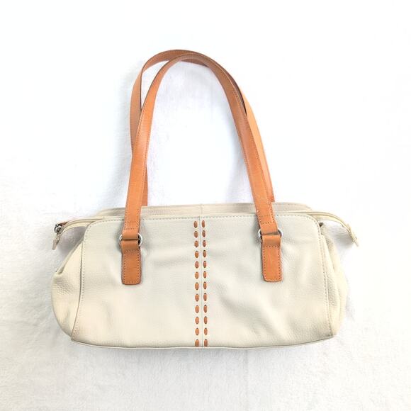 Y2K Early 2000's Fossil Satchel Purse Cream/Chestnut Handles Stitching - Picture 1 of 16